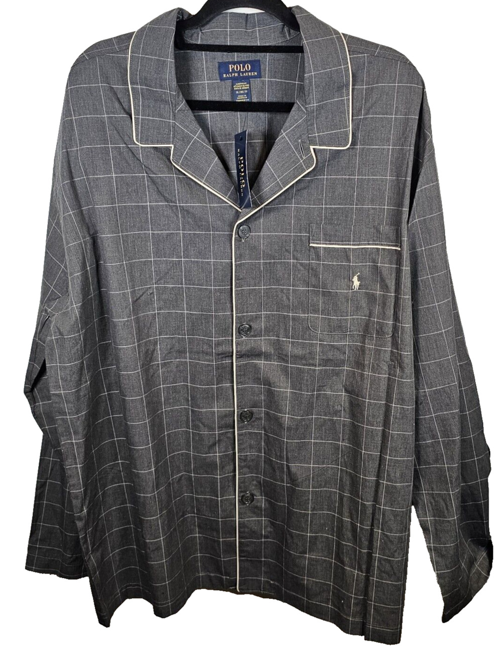 NWT Polo Ralph Lauren Mens Gray Windowpane Plaid Pajama Sleep Shirt Top Size XL